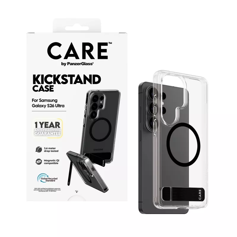 PanzerGlass CARE™ Urban Explorer Hülle für Samsung Galaxy S26 Ultra — Transparente Abdeckung mit schwarzem Kickstand und Qi-Unterstützung
