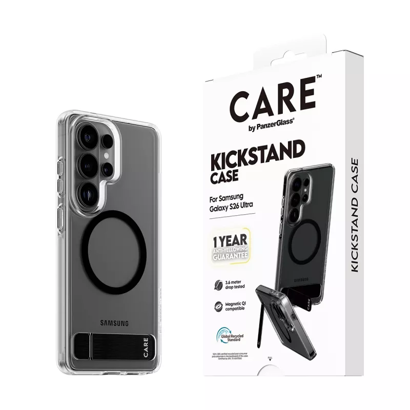 PanzerGlass CARE™ Urban Explorer Hülle für Samsung Galaxy S26 Ultra — Transparente Abdeckung mit schwarzem Kickstand und Qi-Unterstützung