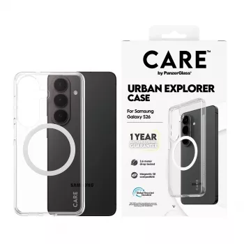 PanzerGlass CARE™ Urban Explorer Hülle für Samsung Galaxy S26 — Transparente Abdeckung mit weißer Qi-Unterstützung