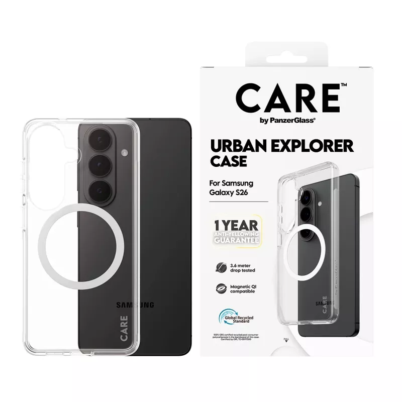 PanzerGlass CARE™ Urban Explorer Hülle für Samsung Galaxy S26 — Transparente Abdeckung mit weißer Qi-Unterstützung