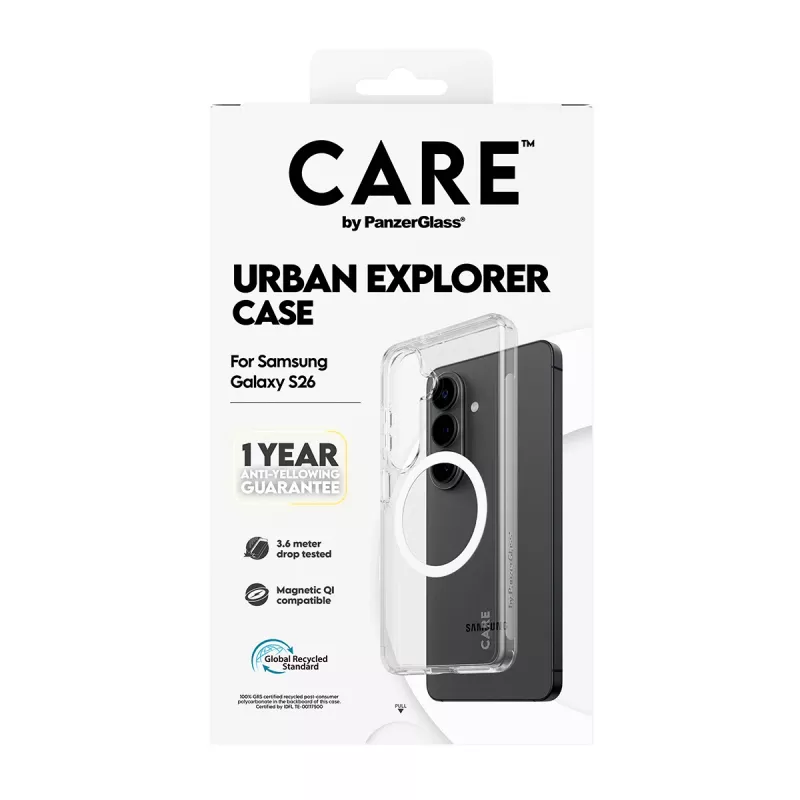 PanzerGlass CARE™ Urban Explorer Hülle für Samsung Galaxy S26 — Transparente Abdeckung mit weißer Qi-Unterstützung