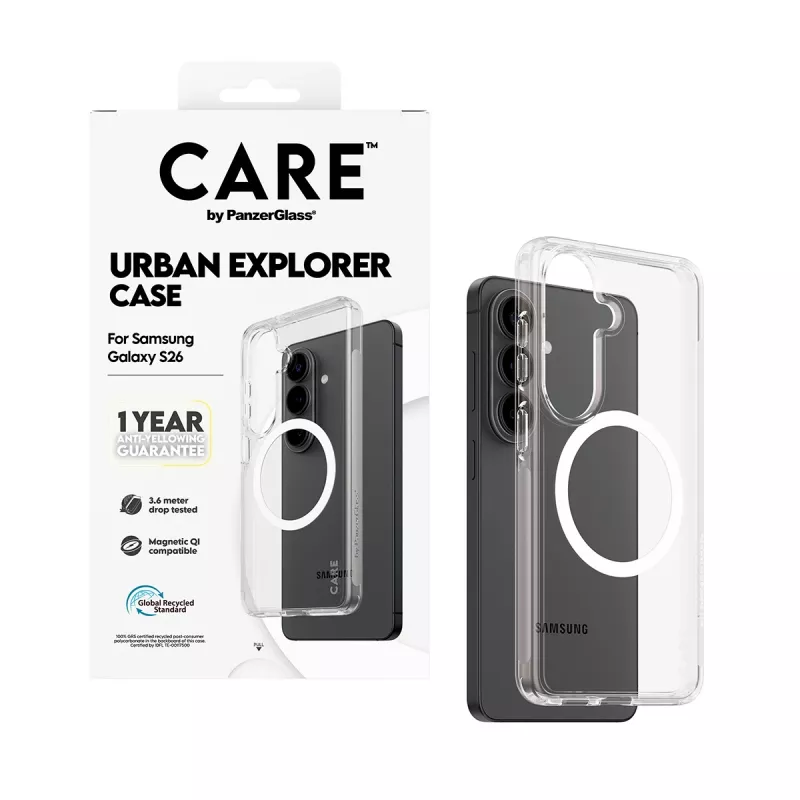 PanzerGlass CARE™ Urban Explorer Hülle für Samsung Galaxy S26 — Transparente Abdeckung mit weißer Qi-Unterstützung