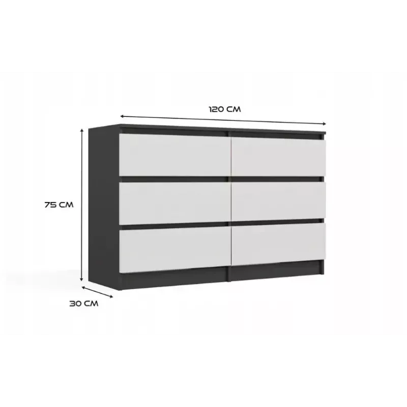 Kommode Top E Shop MALWA M6 120 cm, 6 Schubladen, anthrazitfarbener Rahmen, weiße Fronten