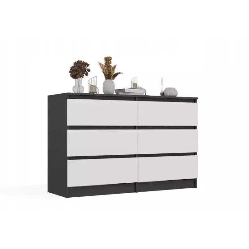 Kommode Top E Shop MALWA M6 120 cm, 6 Schubladen, anthrazitfarbener Rahmen, weiße Fronten
