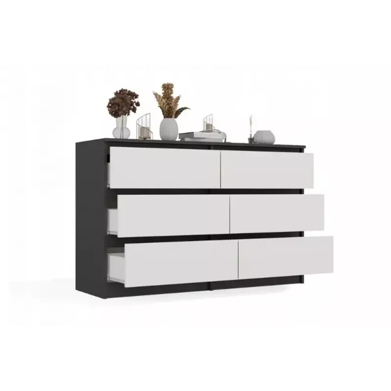 Kommode Top E Shop MALWA M6 120 cm, 6 Schubladen, anthrazitfarbener Rahmen, weiße Fronten