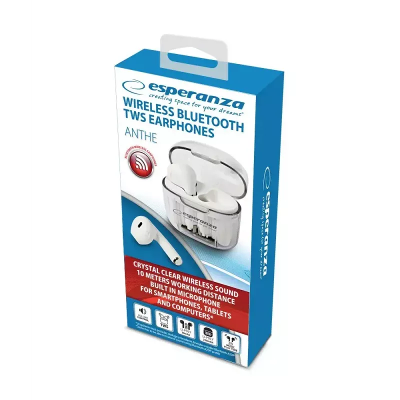 Kabellose In-Ear-Kopfhörer ESPERANZA EH237W — Bluetooth 5.3, Touch-Steuerung, 3–4 h Akku, Weiß