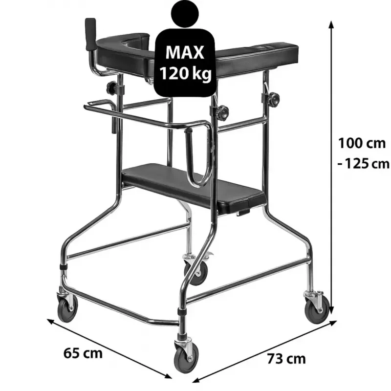 Rehabilitations-Hochgehwagen ActionMed B200AM — Stehhilfe mit Sitz, 4 Rädern, höhenverstellbar 100–125 cm, max. Belastung 120 kg, Rahmenbreite 65 cm
