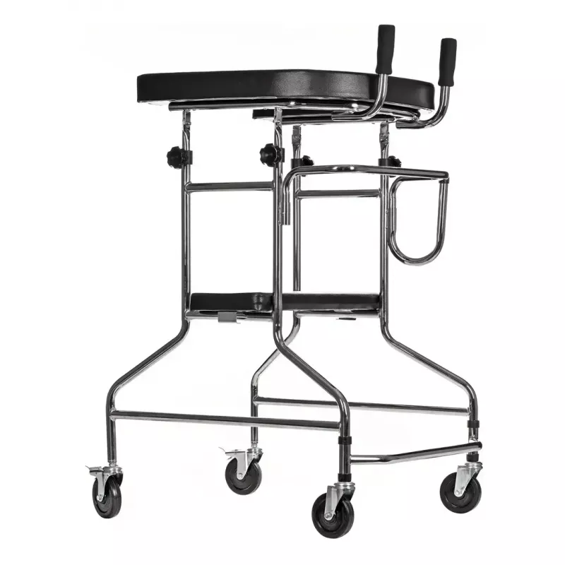 Rehabilitations-Hochgehwagen ActionMed B200AM — Stehhilfe mit Sitz, 4 Rädern, höhenverstellbar 100–125 cm, max. Belastung 120 kg, Rahmenbreite 65 cm