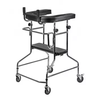 Rehabilitations-Hochgehwagen ActionMed B200AM — Stehhilfe mit Sitz, 4 Rädern, höhenverstellbar 100–125 cm, max. Belastung 120 kg, Rahmenbreite 65 cm