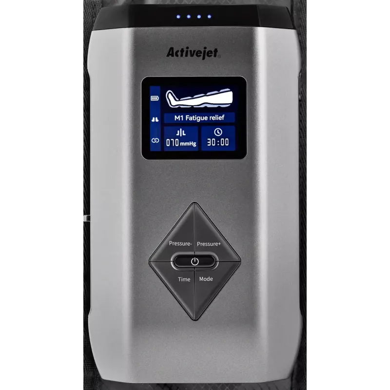 Lymphdrainage-Kompressionsmassagegerät für Beine ActiveJet ACM-PLUS-A1 S – batteriebetrieben 25 W, integrierte Batterie, 330×840×60 mm, Schwarz/Orange