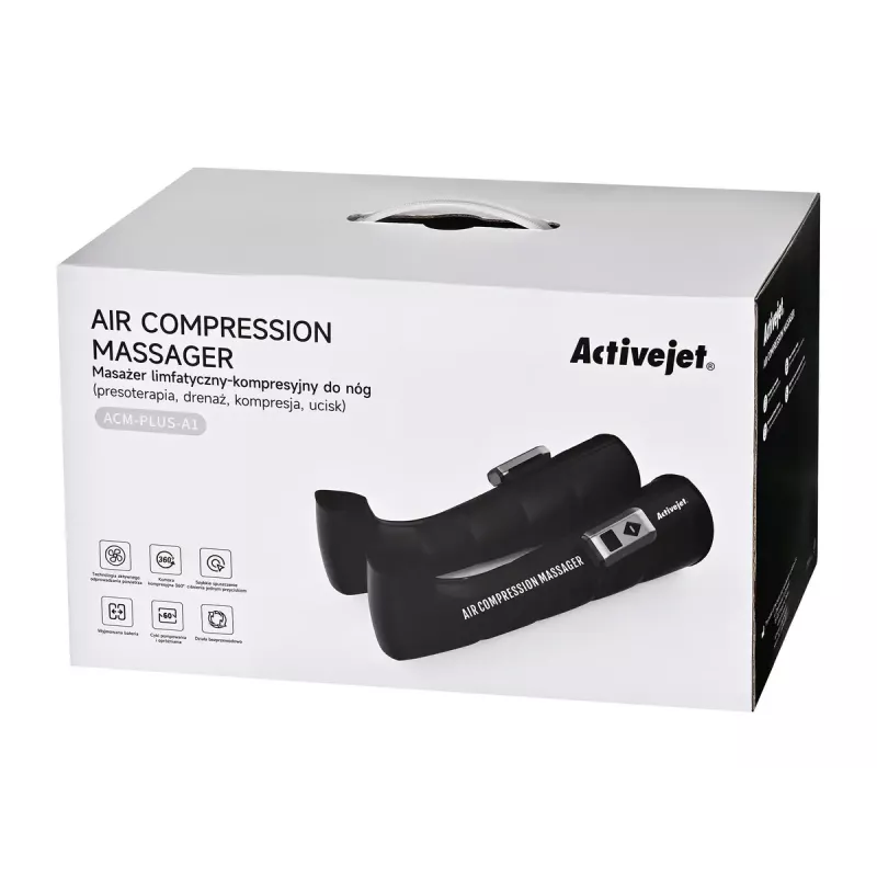 Lymphdrainage-Kompressionsmassagegerät für Beine ActiveJet ACM-PLUS-A1 S – batteriebetrieben 25 W, integrierte Batterie, 330×840×60 mm, Schwarz/Orange