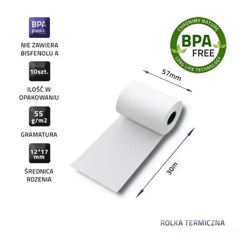 Thermo-Kassenrollen QOLTEC 57 x 30 mm 55 g/m² BPA-frei, Kern 17 mm, 10 Stück