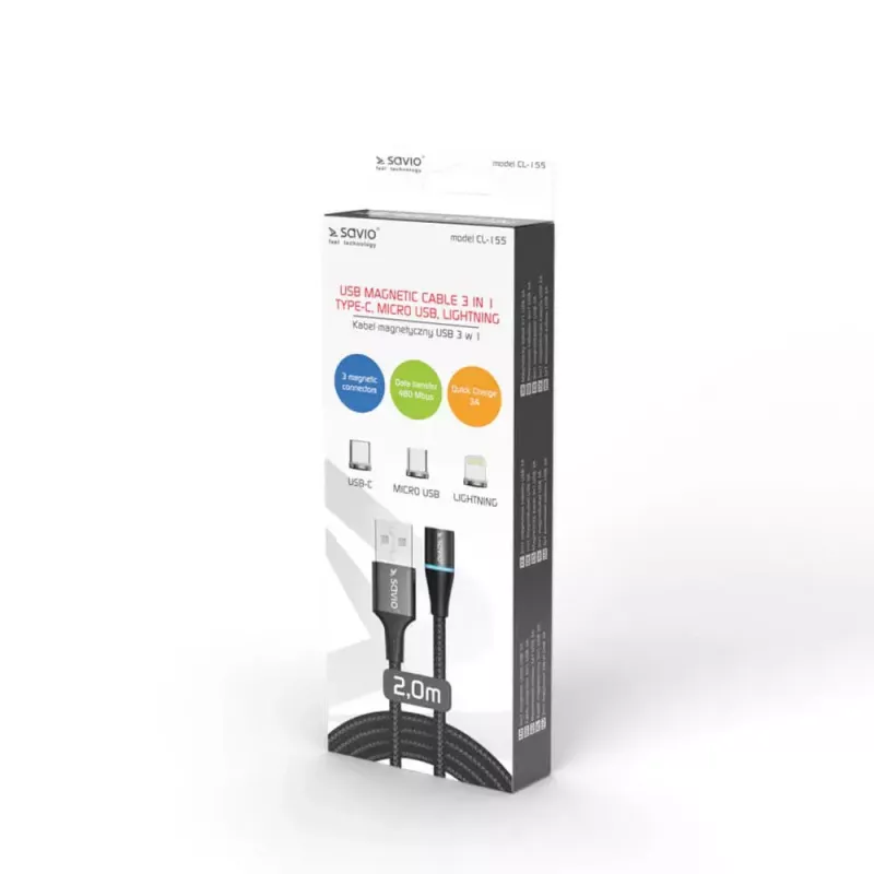 USB 2.0-Kabel SAVIO CL-155, USB A auf austauschbar USB-C / Micro-USB B / Lightning, 2 m, schwarz
