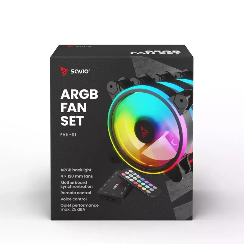 120mm ARGB Gehäuselüfter 4er-Pack SAVIO FAN-01 mit Controller und Fernbedienung, 12 V, 1200 U/min, 25 dB (Schwarz)