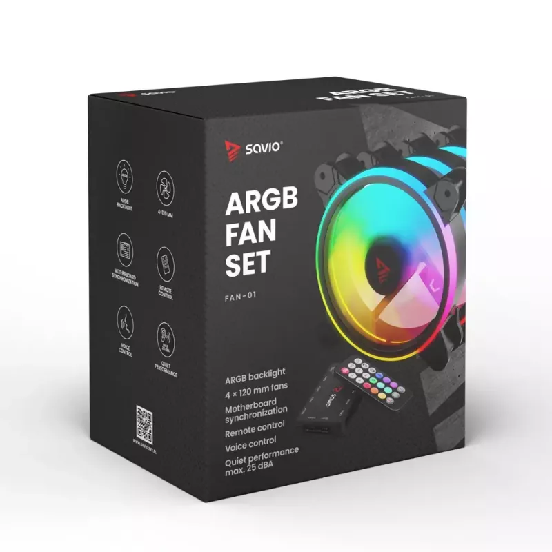 120mm ARGB Gehäuselüfter 4er-Pack SAVIO FAN-01 mit Controller und Fernbedienung, 12 V, 1200 U/min, 25 dB (Schwarz)