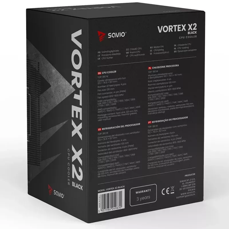 CPU-Luftkühler SAVIO Vortex X2 Schwarz – 120-mm-Lüfter, Höhe 157 mm, PWM, kompatibel mit LGA 2066