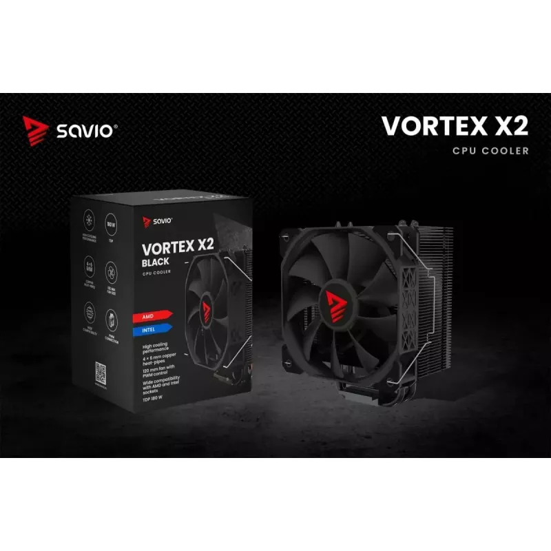 CPU-Luftkühler SAVIO Vortex X2 Schwarz – 120-mm-Lüfter, Höhe 157 mm, PWM, kompatibel mit LGA 2066