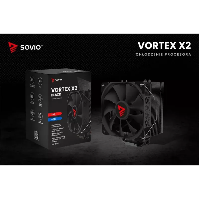 CPU-Luftkühler SAVIO Vortex X2 Schwarz – 120-mm-Lüfter, Höhe 157 mm, PWM, kompatibel mit LGA 2066