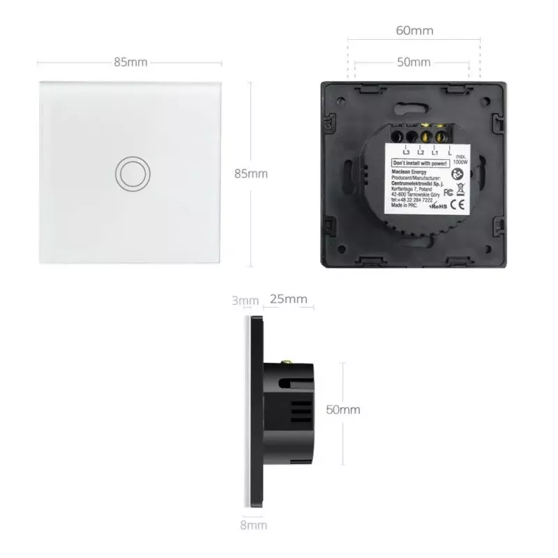 Touch-Lichtschalter MACLEAN MCE703W, Glasfront, 1-fach, 220V