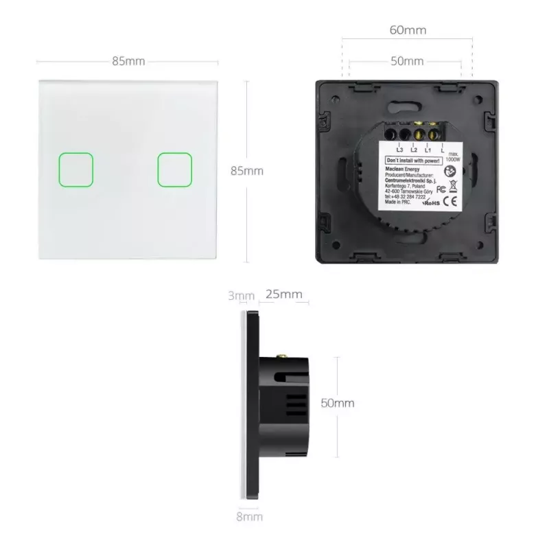 Touch-Lichtschalter MACLEAN MCE703W, Glasfront, 1-fach, 220V