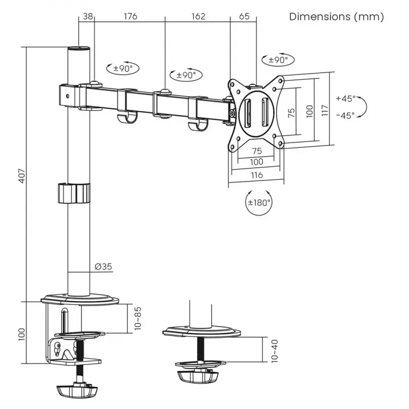 Monitor-Tischhalterung MACLEAN MC-753N für 17–32 Zoll Bildschirme, VESA 75x75 / 100x100, max. 9 kg, Neigung ±45°, Schwenkung ±180°, höhenverstellbar