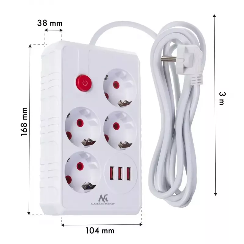 Steckdosenleiste MACLEAN MCE393 W — 4 Steckdosen + 3×USB, 110–240V, 2,1A USB, 2500W, 3 m, weiß