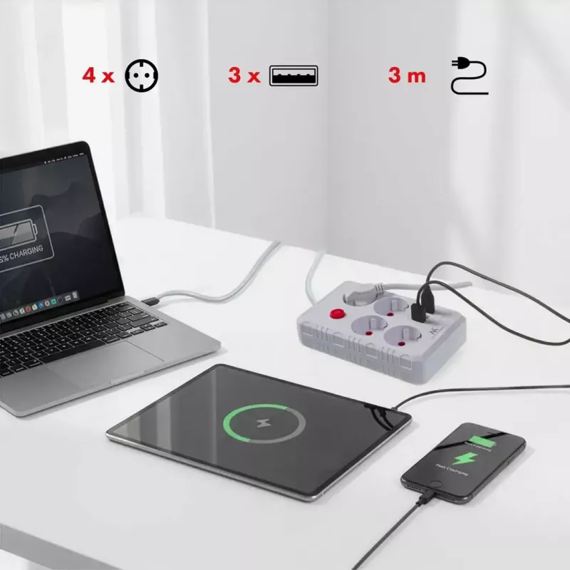 Steckdosenleiste MACLEAN MCE393 W — 4 Steckdosen + 3×USB, 110–240V, 2,1A USB, 2500W, 3 m, weiß