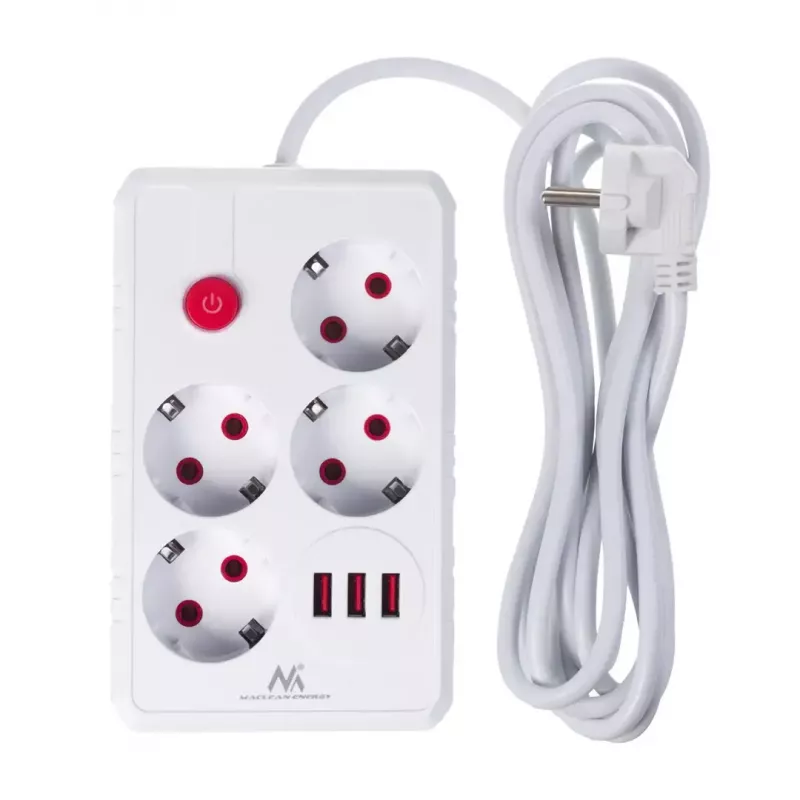 Steckdosenleiste MACLEAN MCE393 W — 4 Steckdosen + 3×USB, 110–240V, 2,1A USB, 2500W, 3 m, weiß