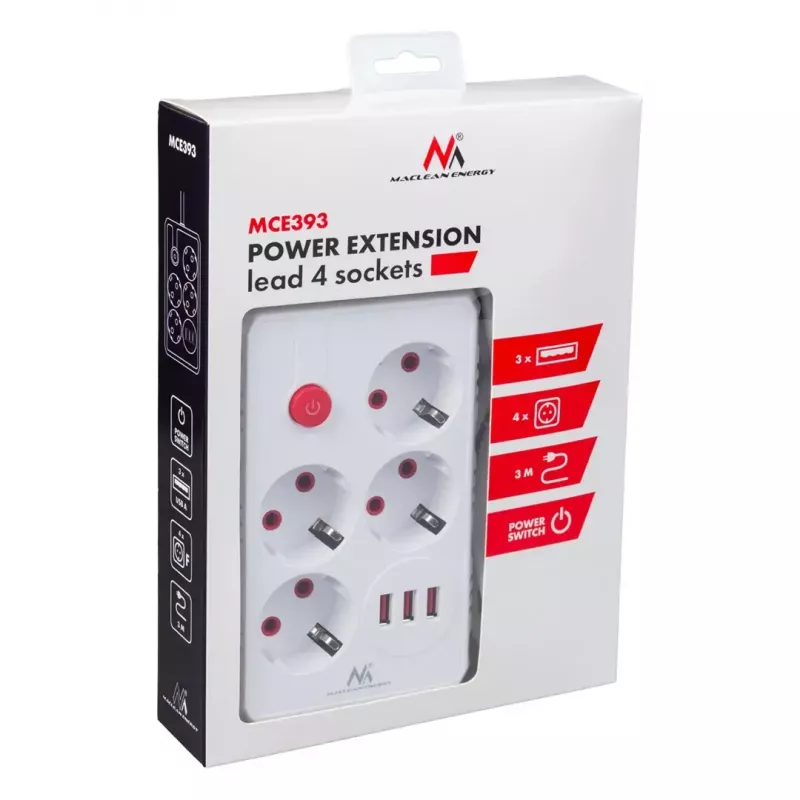 Steckdosenleiste MACLEAN MCE393 W — 4 Steckdosen + 3×USB, 110–240V, 2,1A USB, 2500W, 3 m, weiß