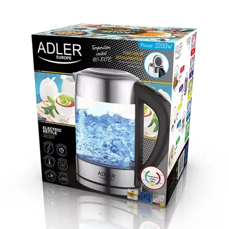 Adler AD 1247 Wasserkocher 1,7 l 2200 W Glaskorpus Edelstahlelemente Schwarz