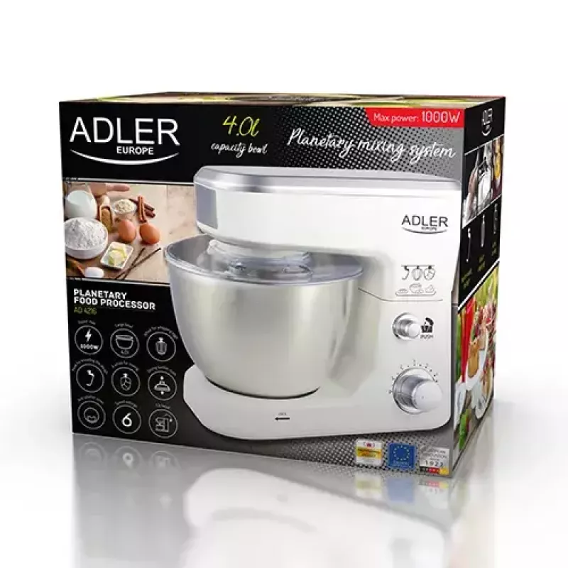 Küchenmaschine Adler AD 4216, 500 W, 4-l-Edelstahlschüssel, weiß