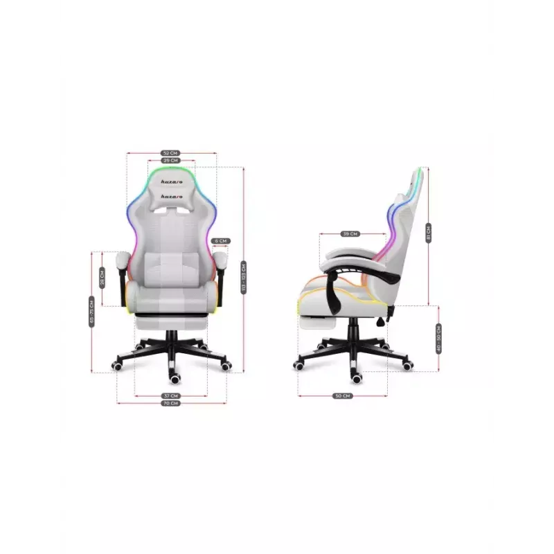 Gaming-Stuhl Huzaro FORCE 4.7 RGB Weiß — gepolsterter Schalensitz aus Stoff, max. Belastung 140 kg, höhenverstellbar 43–53 cm, Neigung 90–140°
