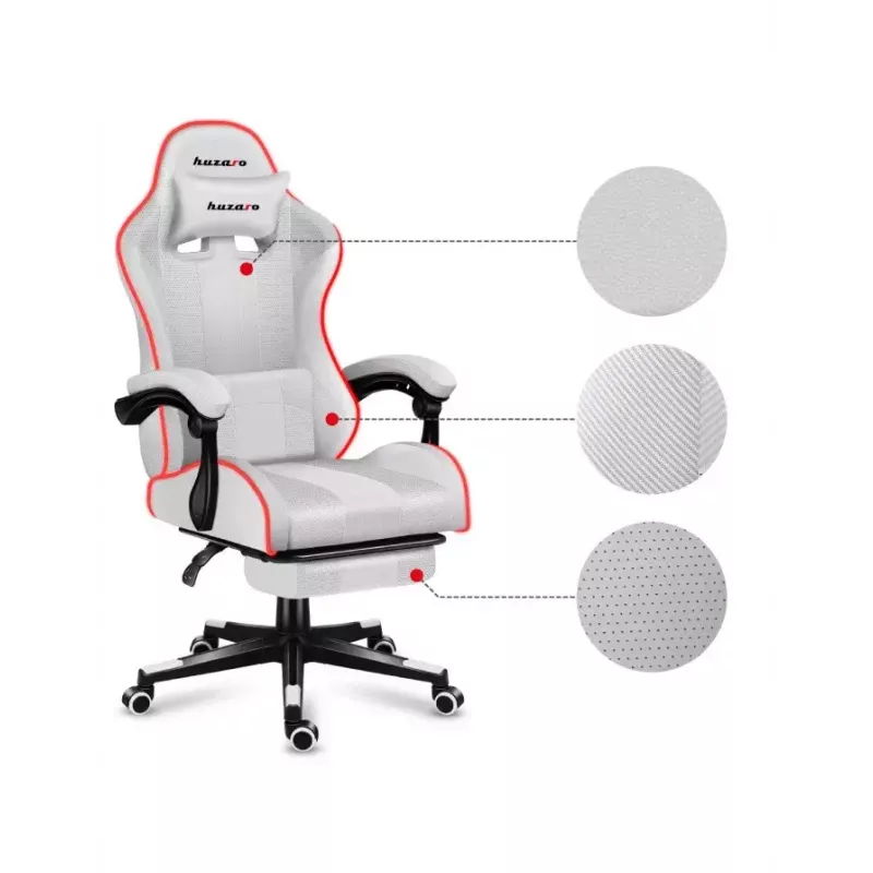 Gaming-Stuhl Huzaro FORCE 4.7 RGB Weiß — gepolsterter Schalensitz aus Stoff, max. Belastung 140 kg, höhenverstellbar 43–53 cm, Neigung 90–140°