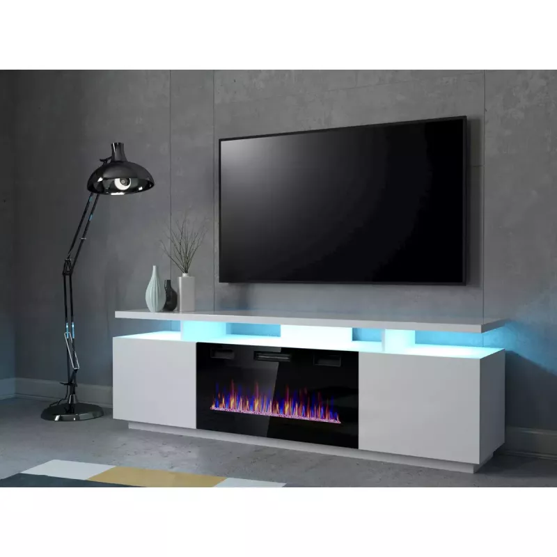 TV-Schrank Cama Meble EVA mit elektrischem Kamin 180×40×52 cm, weißer Korpus, glänzend weiße Türen, MDF-Oberplatte