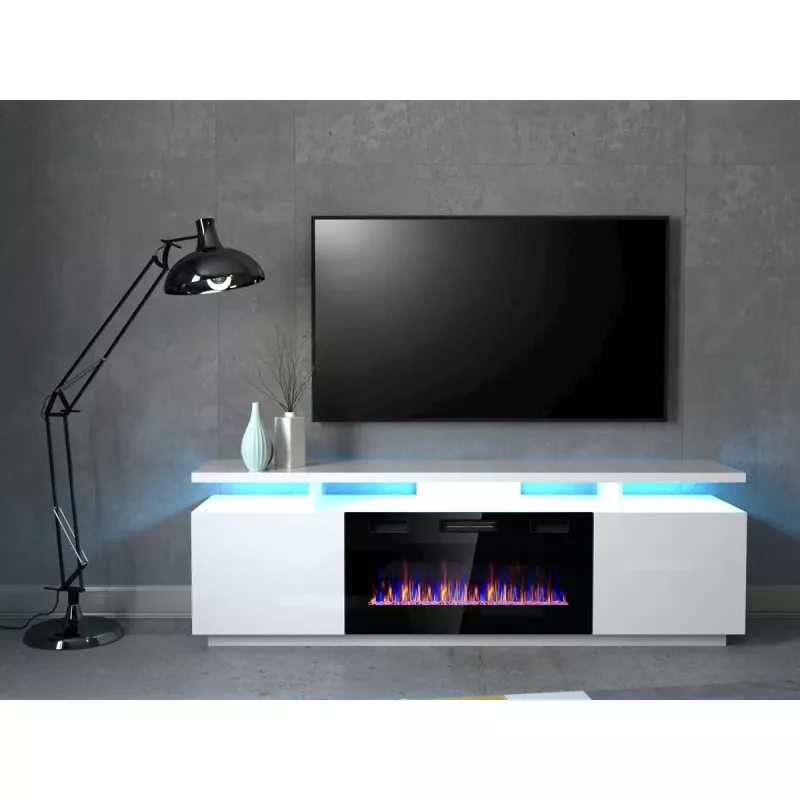 TV-Schrank Cama Meble EVA mit elektrischem Kamin 180×40×52 cm, weißer Korpus, glänzend weiße Türen, MDF-Oberplatte