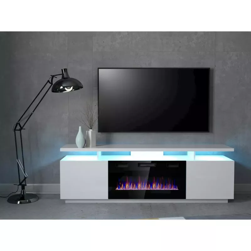 TV-Schrank Cama Meble EVA mit elektrischem Kamin 180×40×52 cm, weißer Korpus, glänzend weiße Türen, MDF-Oberplatte