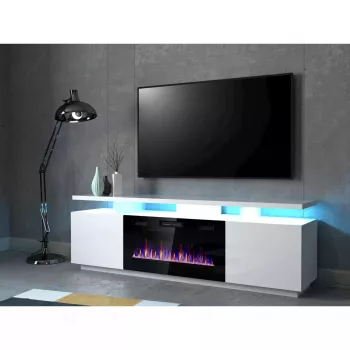 TV-Schrank Cama Meble EVA mit elektrischem Kamin 180×40×52 cm, weißer Korpus, glänzend weiße Türen, MDF-Oberplatte