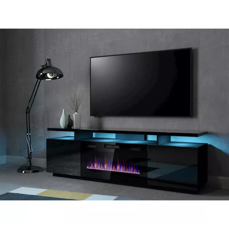 TV-Schrank Cama Meble EVA mit elektrischem Kamin 180x40x52 cm, schwarz/glanzschwarz