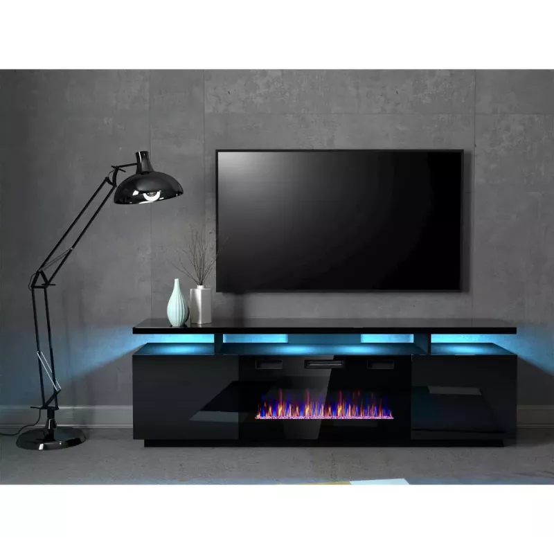 TV-Schrank Cama Meble EVA mit elektrischem Kamin 180x40x52 cm, schwarz/glanzschwarz