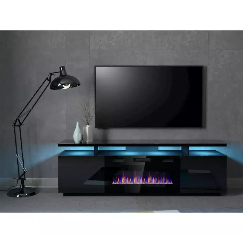 TV-Schrank Cama Meble EVA mit elektrischem Kamin 180x40x52 cm, schwarz/glanzschwarz