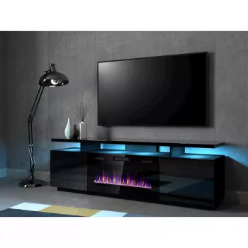 TV-Schrank Cama Meble EVA mit elektrischem Kamin 180x40x52 cm, schwarz/glanzschwarz