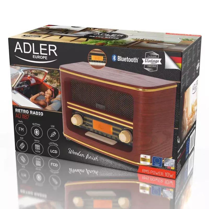 Tragbares Radio Adler AD 1187 – FM, 10 W RMS, LCD-Anzeige, braun, 300×140×210 mm