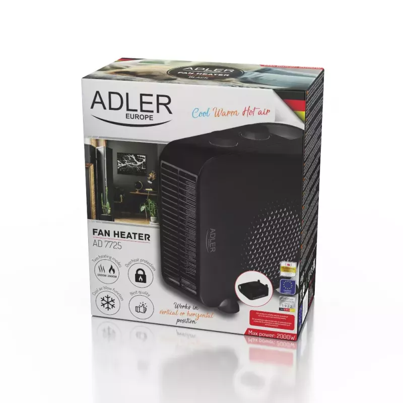 Ventilator-Heizlüfter Adler AD 7725B, 2000 W, 2 Leistungsstufen, einstellbarer Thermostat, schwarz