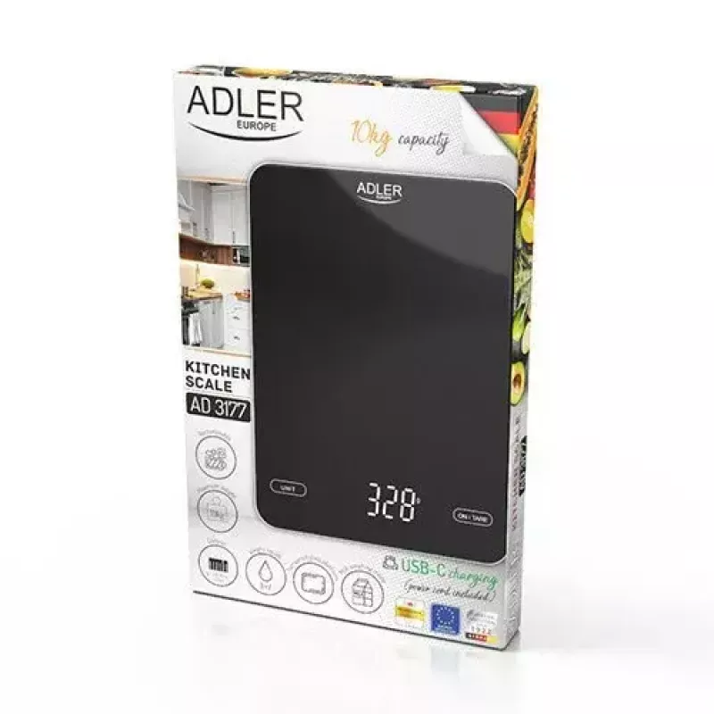 Elektronische Küchenwaage Adler AD 3177b – 10 kg Kapazität, 1 g Genauigkeit, schwarz, Glasoberfläche