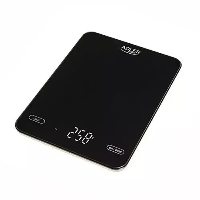 Elektronische Küchenwaage Adler AD 3177b – 10 kg Kapazität, 1 g Genauigkeit, schwarz, Glasoberfläche