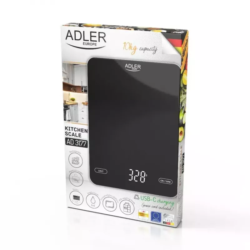 Elektronische Küchenwaage Adler AD 3177b – 10 kg Kapazität, 1 g Genauigkeit, schwarz, Glasoberfläche