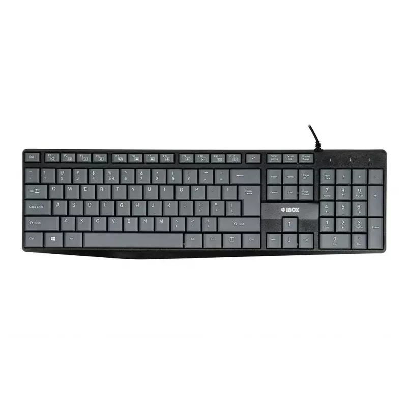 Kabelgebundene USB-Tastatur IBOX Eris IKC2010G — Full-Size 105 Tasten, USB, grau/schwarz, wasserbeständig, 1,8 m Kabel