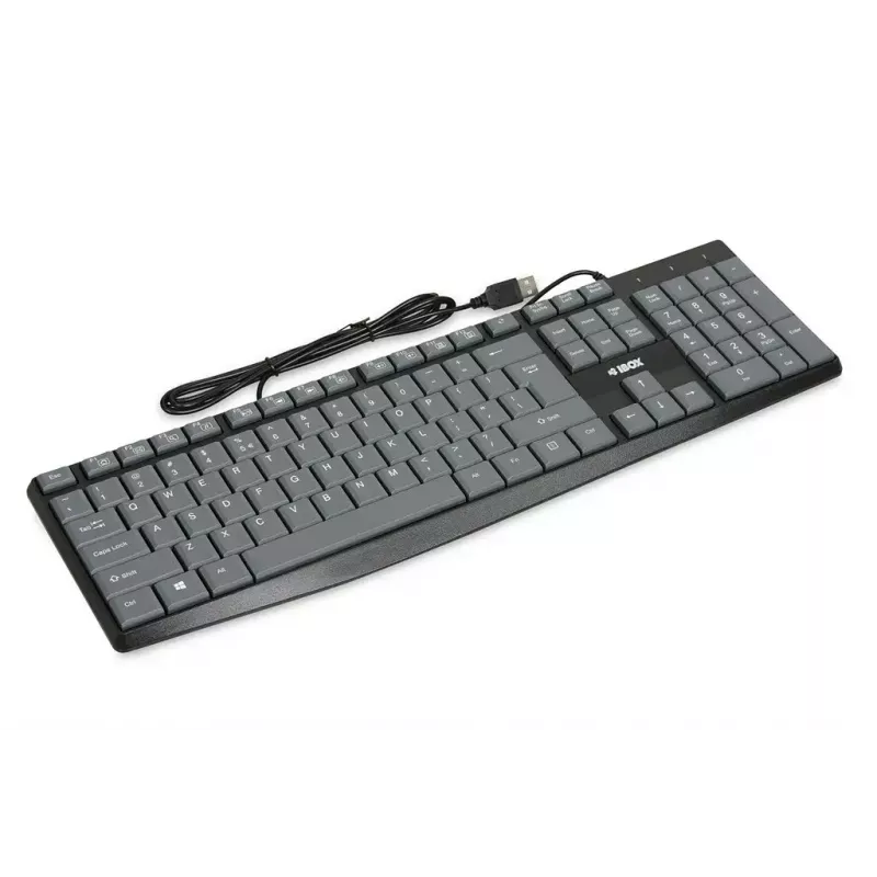 Kabelgebundene USB-Tastatur IBOX Eris IKC2010G — Full-Size 105 Tasten, USB, grau/schwarz, wasserbeständig, 1,8 m Kabel