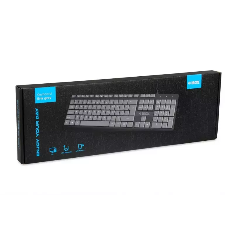 Kabelgebundene USB-Tastatur IBOX Eris IKC2010G — Full-Size 105 Tasten, USB, grau/schwarz, wasserbeständig, 1,8 m Kabel