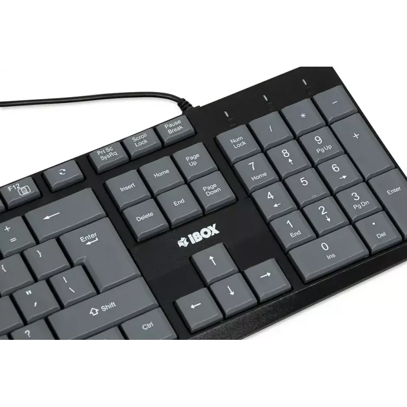 Kabelgebundene USB-Tastatur IBOX Eris IKC2010G — Full-Size 105 Tasten, USB, grau/schwarz, wasserbeständig, 1,8 m Kabel